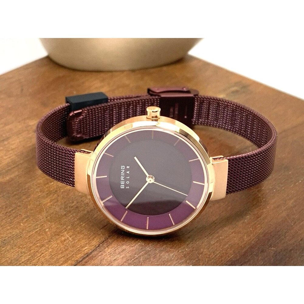 Bering Women's Watch 14631-969 Solar Rose Gold Purple Mesh Steel Band 31mm - Picture 7 of 13